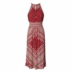 London Times Halter Maxi Dress Women’s 8 Red White Geometric Casual Work Resort